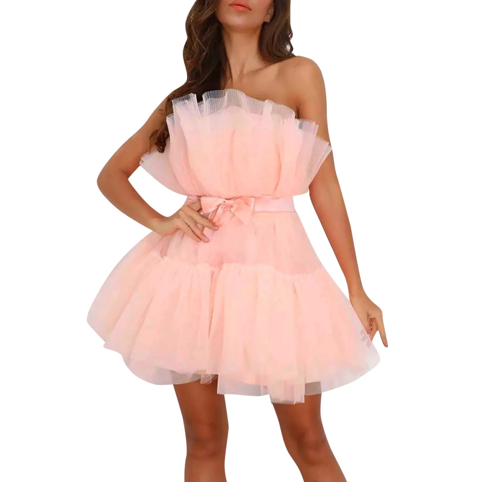 

Сетчатое однотонное розовое платье для Хэллоуина с рюшами, женские Клубные свободные платья без бретелек с поясом, сексуальное женское платье с открытой спиной и высокой талией