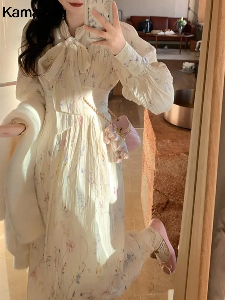 

Women Elegant Floral Long Dress Summer Autumn New Fashion Lace-Up Slim Waist France Vestidos Korean Laides Holiday Clothes