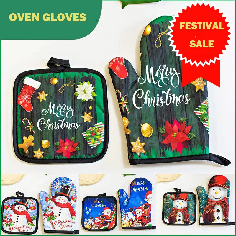 

Christmas Heat-resistant Printing Kitchen Microwave Oven Cooking Gloves Anti-scald Heat Insulation Gloves Baking Accessories