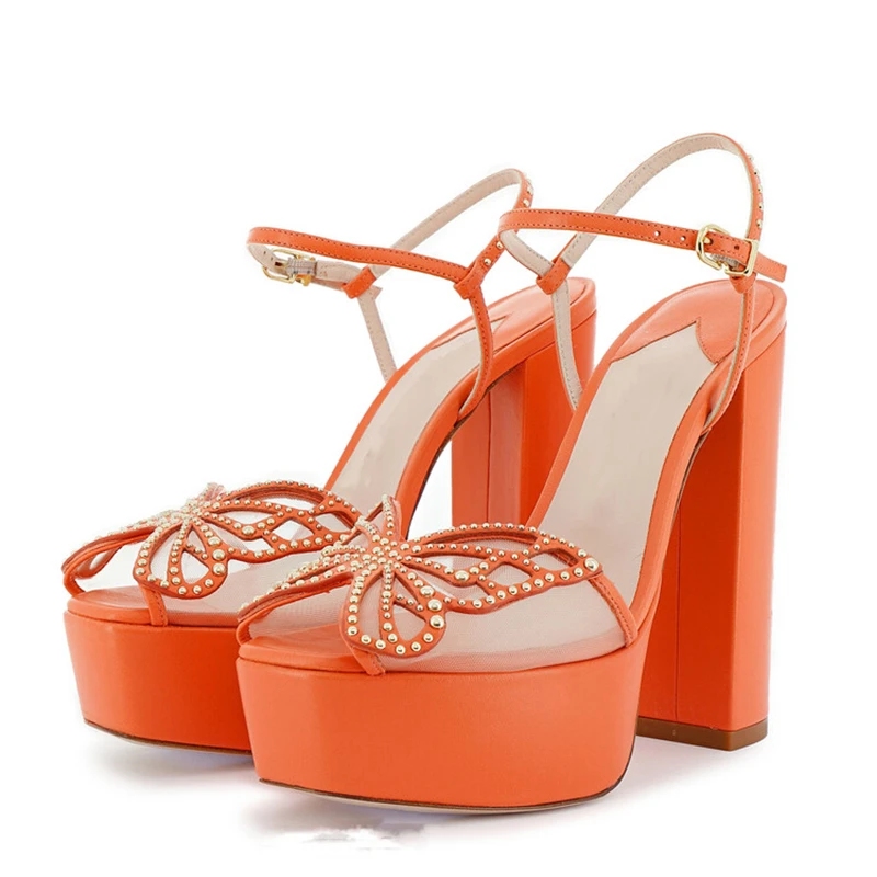 

2022 Summer New Fashion Orange Platform Sandals Shoes Studs Butterfly Decor Ankle Strap Sandals Women Big Size 43