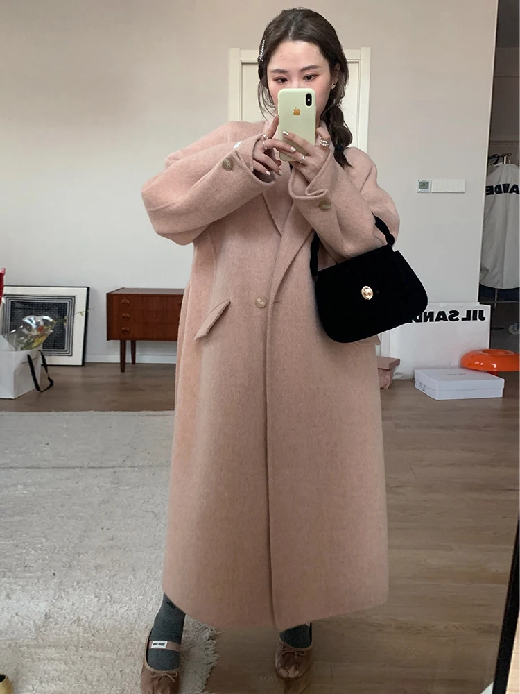 

Autumn Winter Women's New Solid Color Wool Coat Classic Korean Style Single Breasted Tie Up Outer Loose Long Female Length Cozy