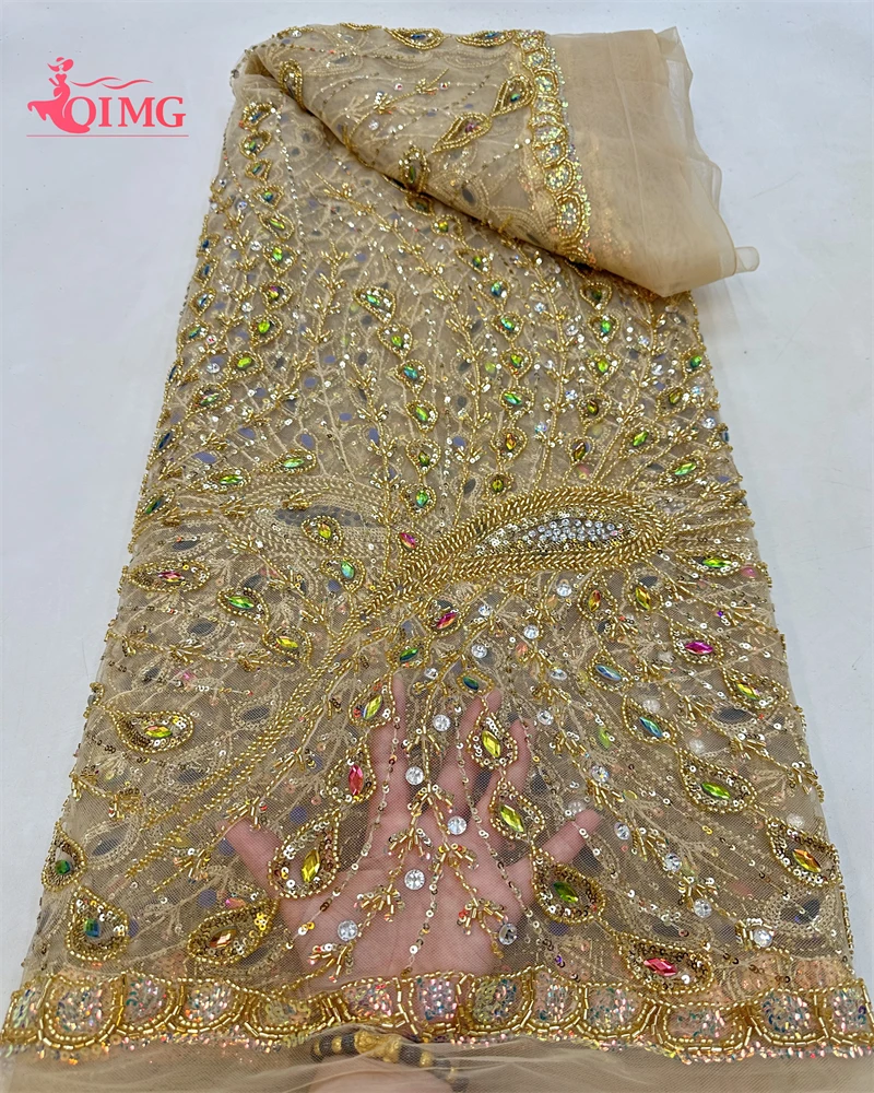 

Французская Высококачественная кружевная ткань OIMG ручной работы с бисером, нигерийская вышивка, 3D бусины, ткань для свадебного платья JJ01281