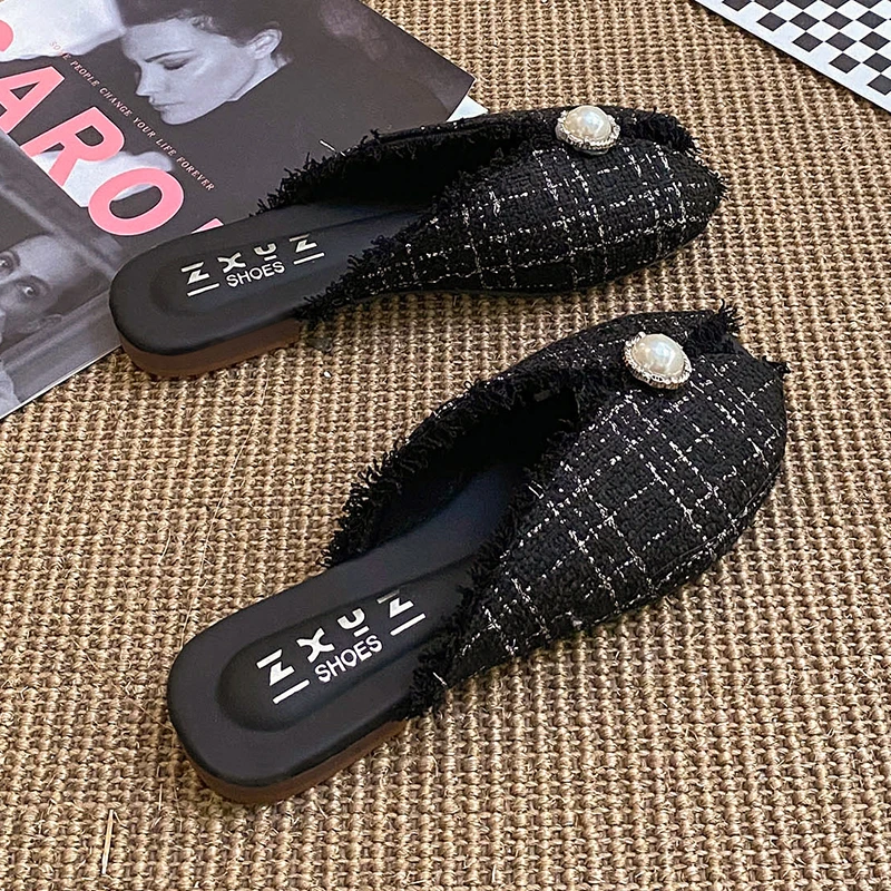 

Женские шлепанцы на низком каблуке, сланцы, повседневная Летняя обувь с блестящими жемчужинами, модные тапочки