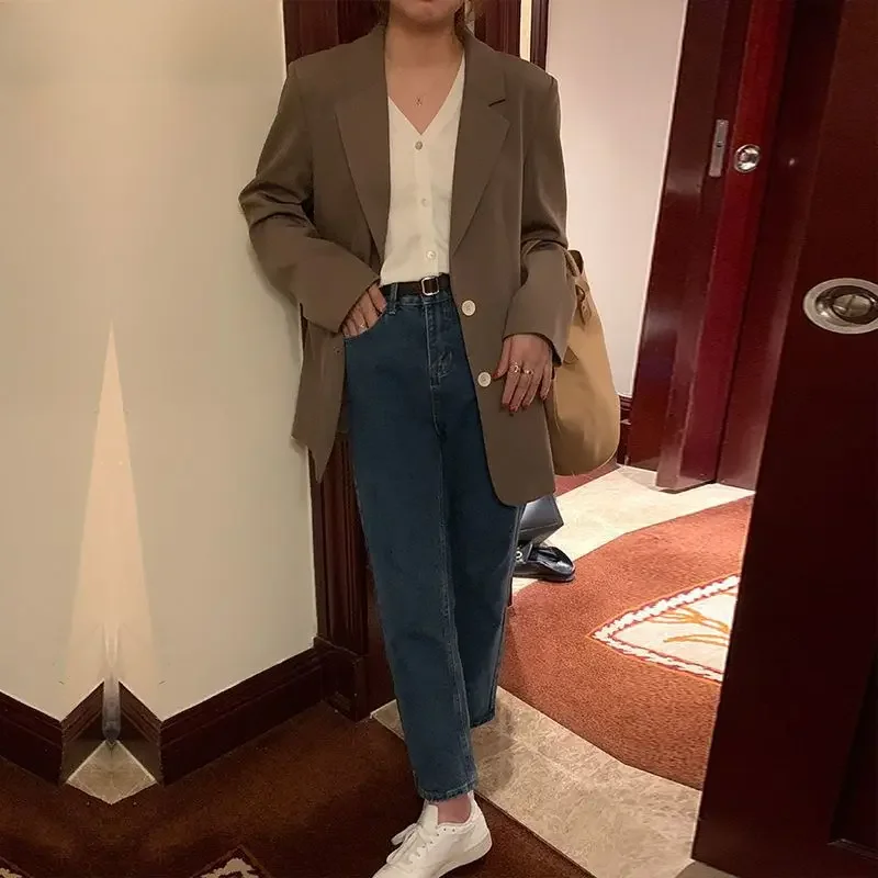 Кофейный Женский костюм куртка весна-осень 2023 нишевая Повседневная