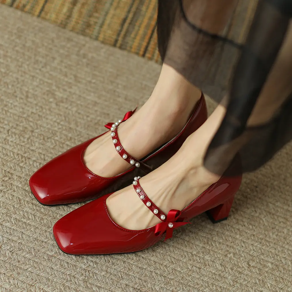 Eokkar Pearl Mary Janes Square Toe Pumps 2022 Fashion Mid Chunky Heel Pumps Shoes for Women Patent Leather Pumps Elegant Shoes