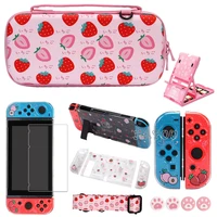 9 in 1 game accessories set strawberry storage bag for nintendo switcholed protective shell cute travel carry case glass film