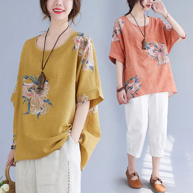 

Flower Tunics Women Casual Blouse Elegant Plus size Cotton Linen Shirt Short sleeve Summer Ladies Tops Loose