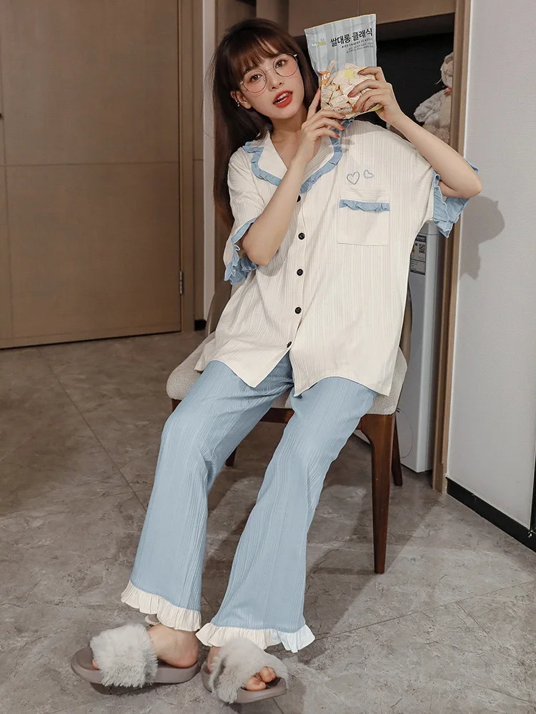 

Korean Version Of The Trendy Simple Pajamas Cardigan Lapel Trousers Short-sleeved Pajamas Women Can Wear Home Clothes In Spring