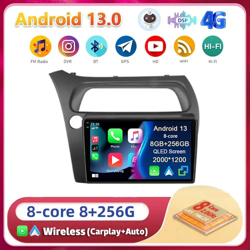 Android 13 Carplay Auto для Honda Civic Hatchback 2006 2007 2008 2009 2010 2011 Мультимедийный автомобильный