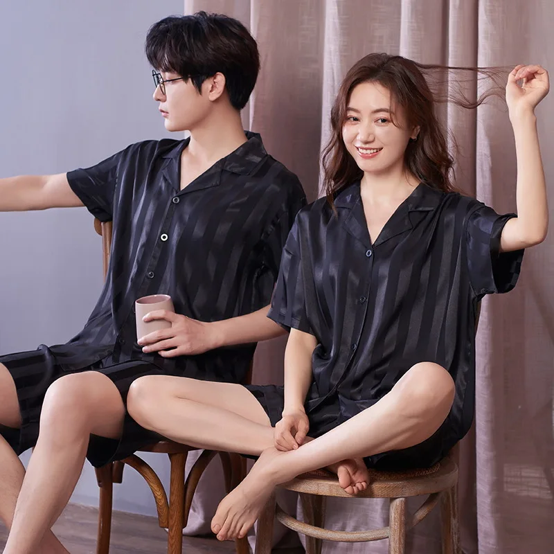 

2022 New Couple Pajamas Set Short Sleeve Shirt&Shorts Sleepwear Summer Satin Pyjamas Women Sexy Lingerie Men Lounge Home Clothes