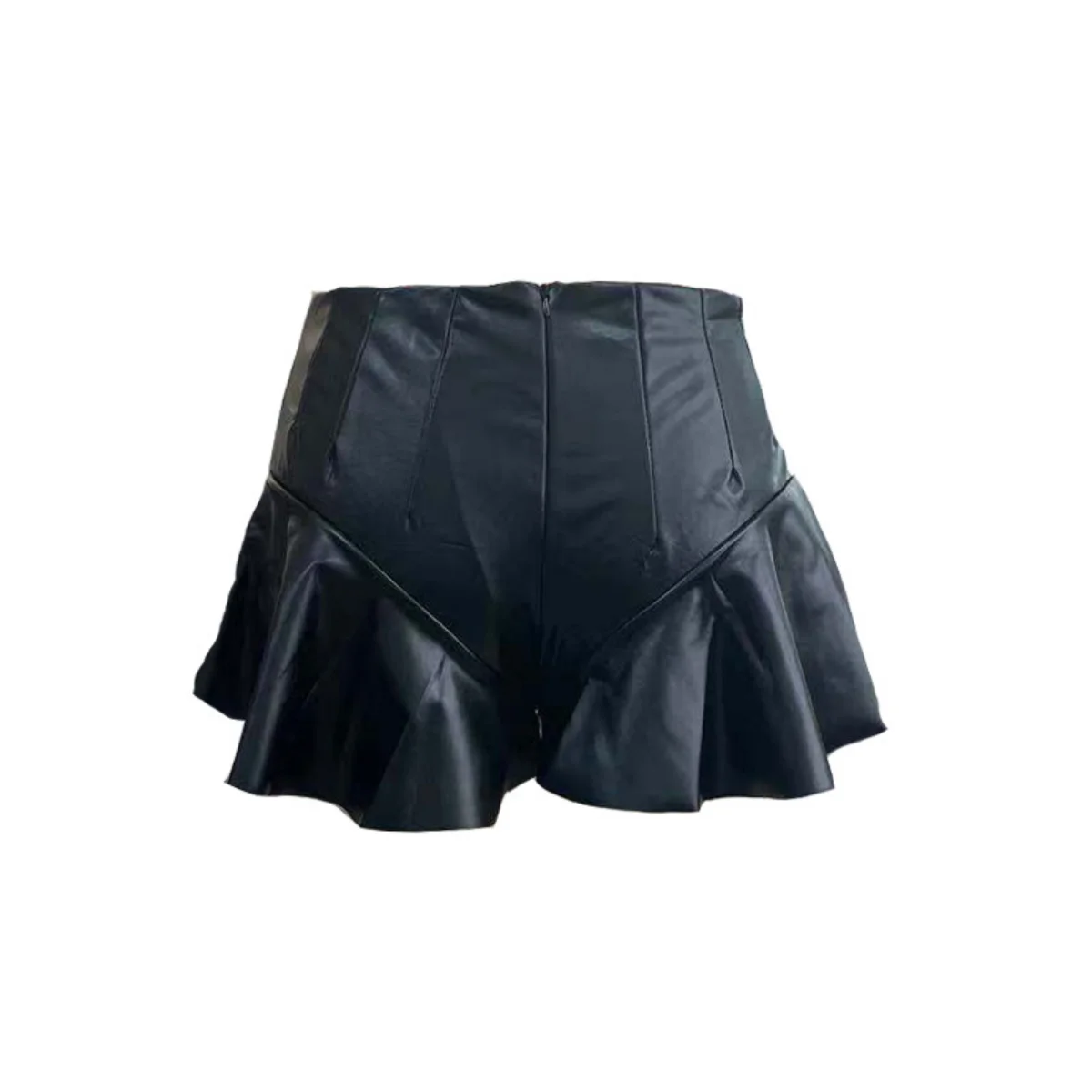 Black PU Leather Zipper Biker Shorts Women Fashion Sexy High Waist Pleated Ruffles Pant Skirt Casual Female Y2k Matching Bottoms