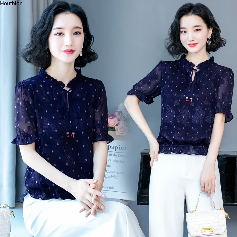 

Chiffon Women's Blouse Short Sleeve V-neck Top Bow Fashion Casual Shirt Draw Back New Summer Clothing
