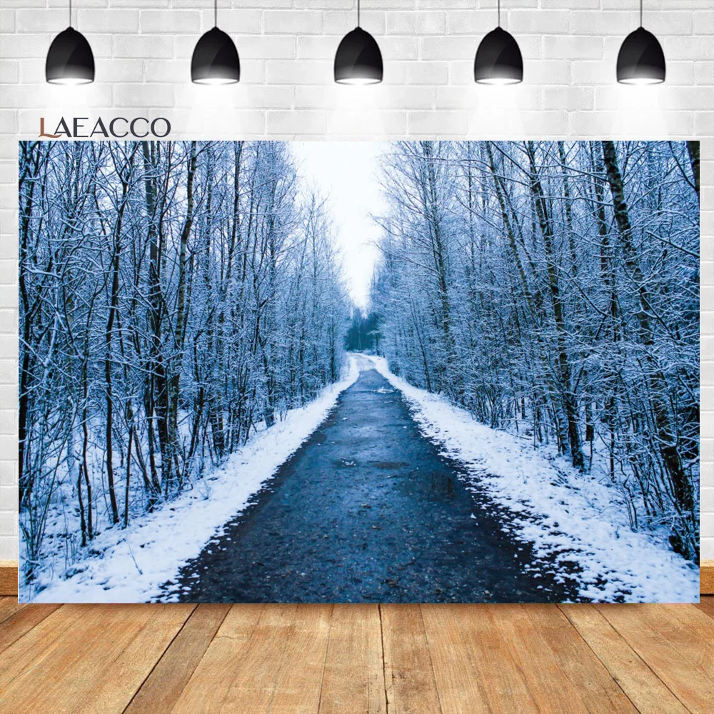 

Laeacco Winter Snow Forest Highway Photo Background Christmas New Year Kids Adults Artistic Portait Custom Photography Backdrop