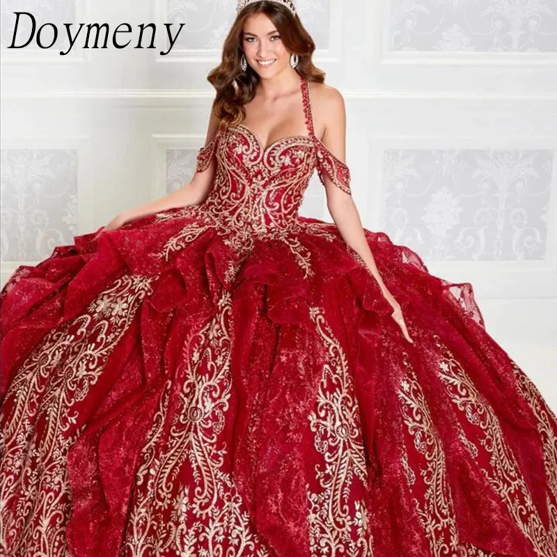 

Doymeny Women’s Elegant Appliques Quinceanera Dresses Off Shoulder Ruffle Ball Gown Birthday Gown Vestidos De 15 Años Sweet 16