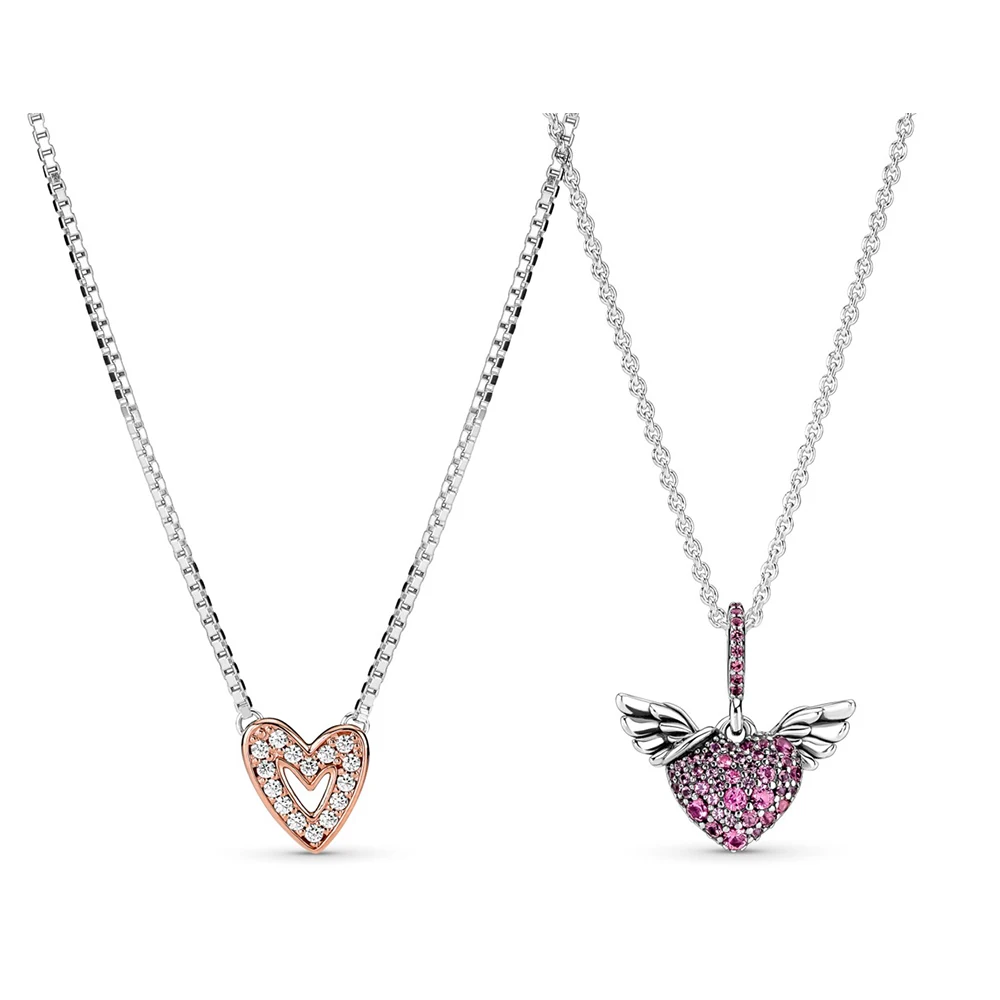 

NEW High Quality 925 Sterling Silver Pan Sparkling Freehand Heart Necklace Heart & Angel Wings Necklace Fit Women Party Gifts