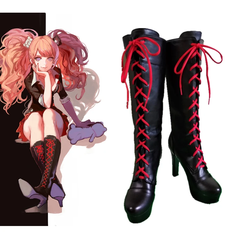 

SBluuCosplay Anime Enoshima Junko Cosplay Boots Lace Up High Heel Shoes New+Drop Shipping Pu Leather