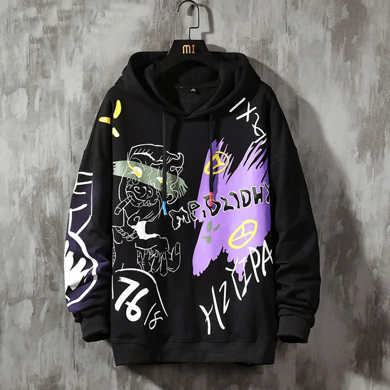 

Мужские толстовки с рисунком аниме, Свитшот оверсайз в стиле хип-хоп, черная толстовка в стиле Харадзюку, свитшоты для мальчиков
