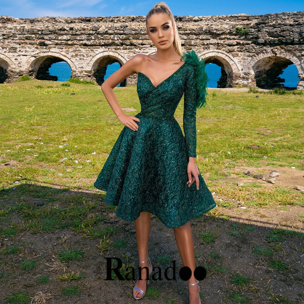 

Knee Length Formal Party Dresses For Women V Neck Feather One Long Sleeve Lace Appliques Tulle Homecoming Robe De Ball Stretch