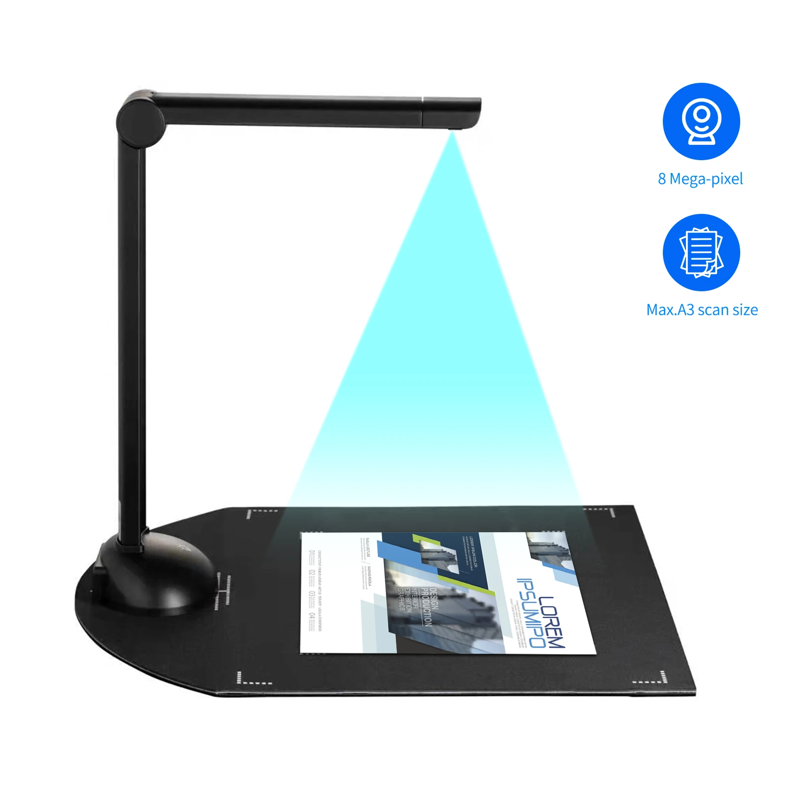 

Document Scanner Book Camera Scanner 8 Mega-pixel High-Definition A3/A4 Scanning Size with USB Port LED Light OCR Function