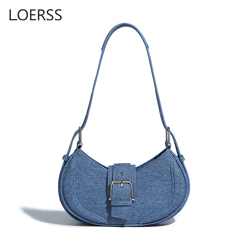 LOERSS Denim Bag for Women's Vintage Shoulder Bag Fashion Denim Design Half Moon Bag Casual Female Underarm Bag Adjustable Bag
