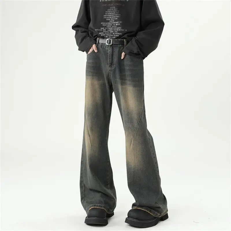 Jeans Men's Spring and Autumn American High Street Vibe Slightly Flared Pants High-Grade Ruan Handsome Washed Wide-Leg Casual...