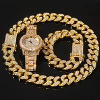 scooya hip hop mens bracelet necklace watch three piece exquisite full zirconium cuban necklace hip hop rapper fashion jewelry