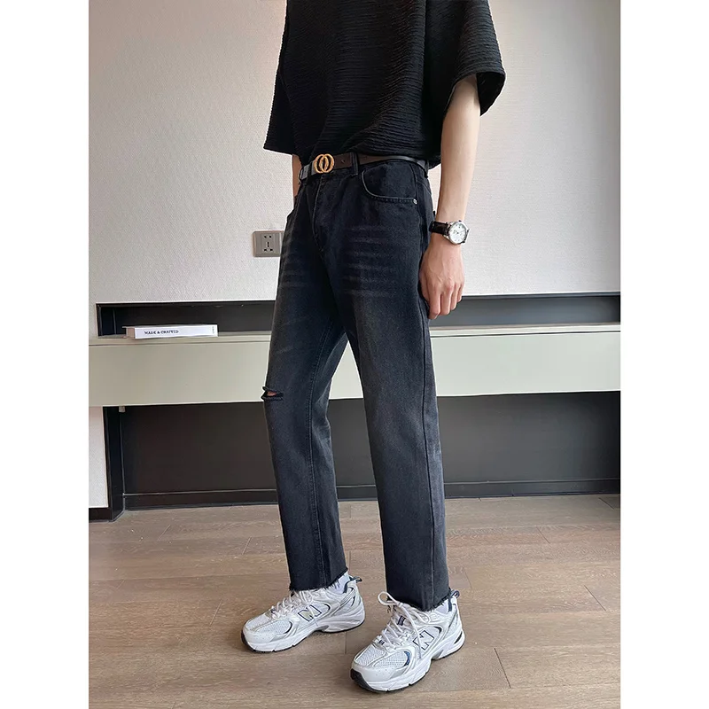 Summer Blue Black Jeans Men Slim Fit Fashion Casual Hole Straight Jeans Men Korean Perforated Denim Pants Mens Trousers M-2XL