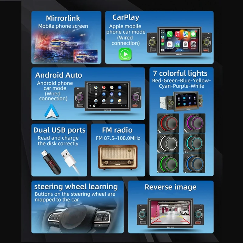 1 Din автомобильный радиоприемник Carplay 5 дюймов MP5 Bluetooth Hands Free A2DP USB FM Система 151C