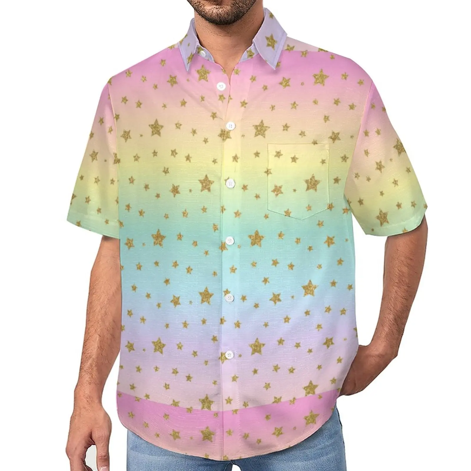 

Golden Stars Casual Shirts Ombre Print Vacation Shirt Hawaiian Streetwear Blouses Male Pattern Plus Size 4XL