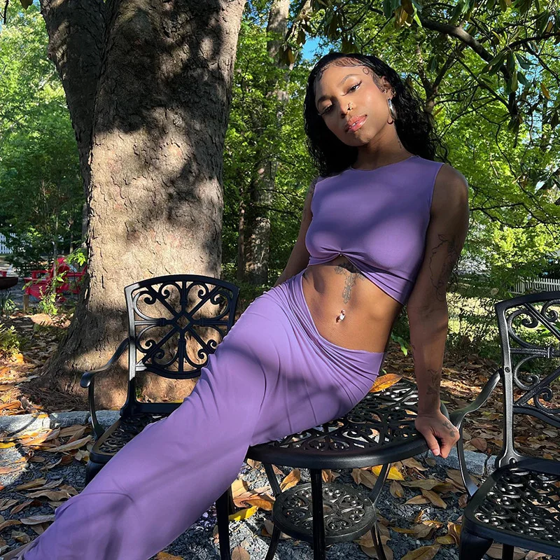 

Women Sexy Two Piece Set Dress Sleeveless Vest Crop Top Maxi Pleated Waist Skirt Bandage Clubwear Outfits 2 Pieces