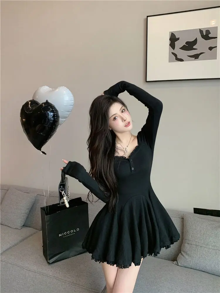 

Pure Lustful Fluffy Sexy Lace Dress Women's Autumn New Long-Sleeved Waist Temperament Hottie pleated A-line Short Skirt
