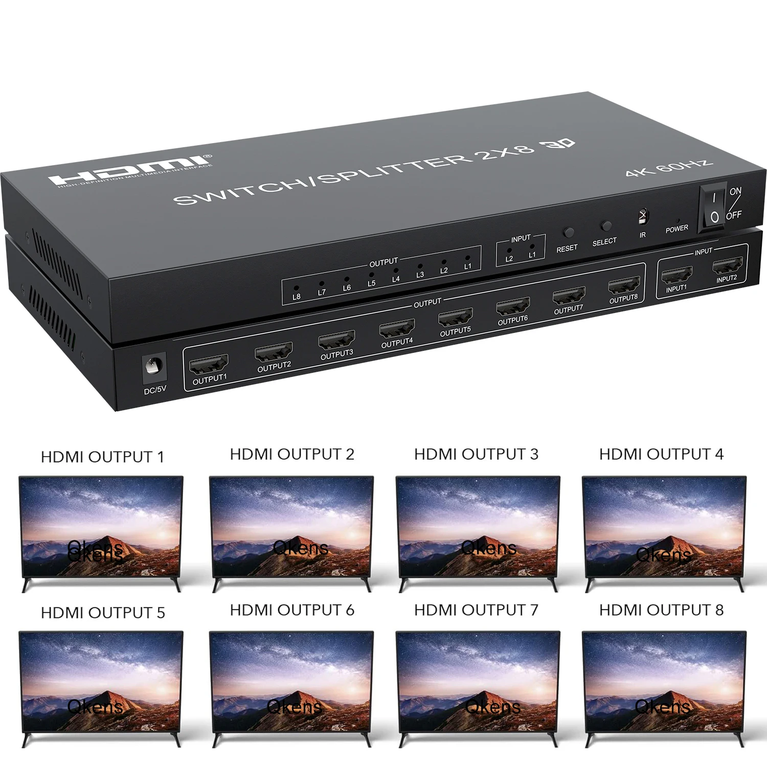 Фото HDMI-коммутатор-сплиттер 4K 30 Гц 2x8, 4K 60 Гц 3D, 2 входа 8 выходов, видеоразветвитель-конвертер, 8-канальный для совместного использования ТВ, мониторов, проекторов, дисплеев №2
