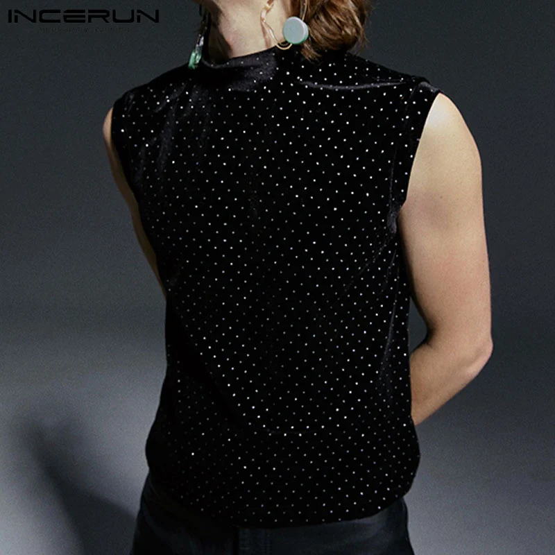 

Stylish Hot Selling Tops INCERUN Handsome Men's Half High Collar Suede Vests Casual Male Flash Fabric Sleeveless Waistcoat S-5XL