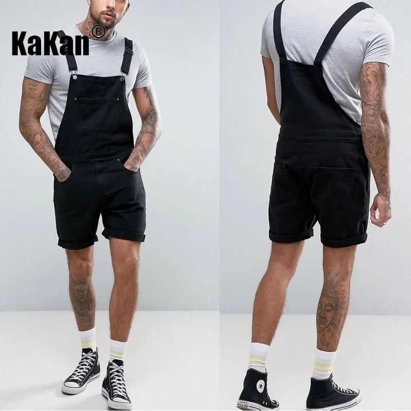 Kakan - European and American New Vintage Capris Sling Jeans for Men, Black Strap One Piece Jeans K34-211