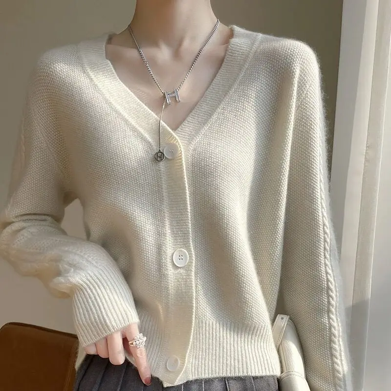 

Vintage Knitted Cardigan Elegant Button Up Sweater V-Neck Long Sleeve Coat OL Autumn Warm Womens Tops Sweaters Cropped Cardigan