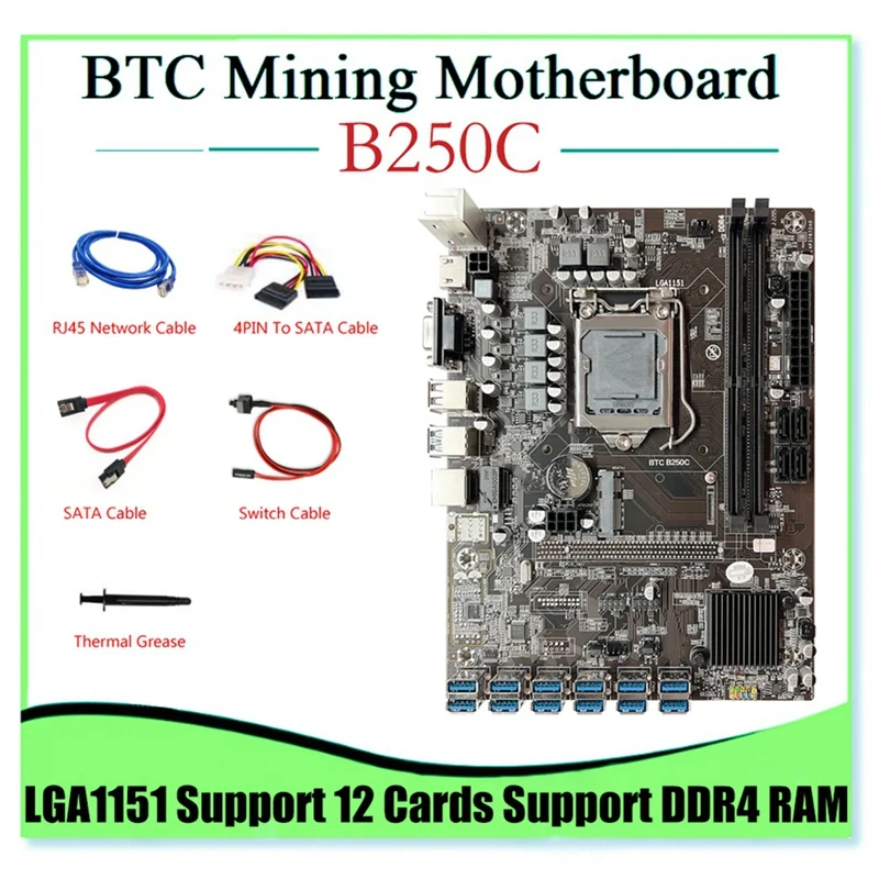 

NEW-B250C BTC Motherboard 12 GPU PCIE To USB3.0 Slot+4PIN To SATA Cable+SATA Cable+RJ45 Network Cable LGA1151 Supports DDR4