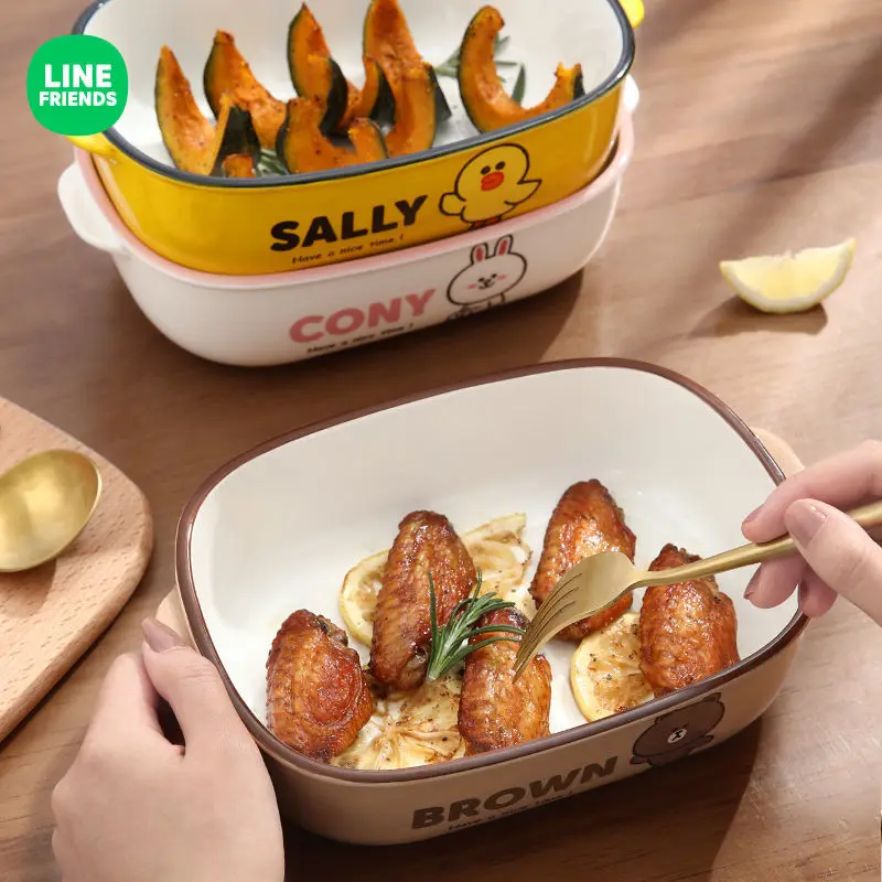 

Kawaii LINE FRIENDS Anime Hobby Brown Cony Sally Cute Household Ceramic Binaural Square Baking Pan Cheese Baked Rice Bowl