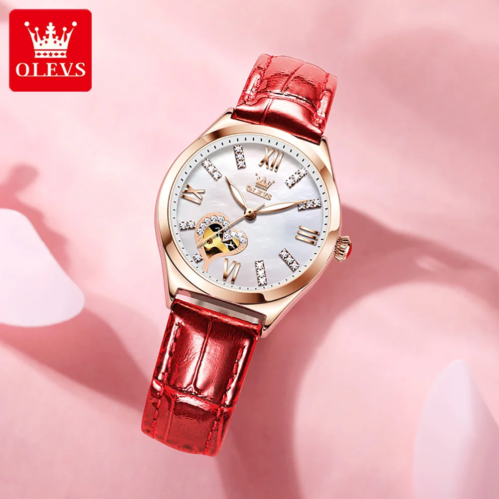 OLEVS 6636 Genuine Leather Strap Automatic Mechanical Women Wristwatches Waterproof Full-automatic Fashion Watches for Women enlarge