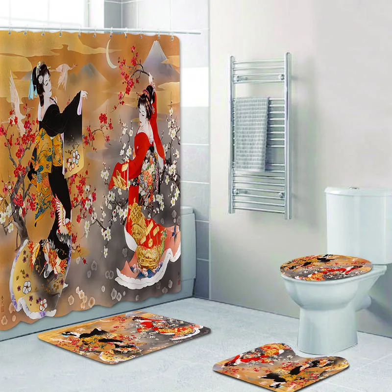 

Oriental Japanese Geisha Girl Bath Curtain Shower Curtains Set Traditional Japanese Woman Art Bathroom Curtain Mat Cortina Ducha