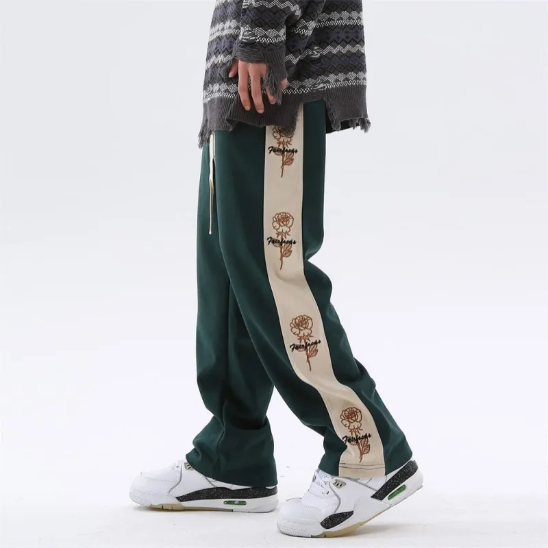 

Side collage rose embroidery casual trousers men's style national fashion high street loose drawstring straight tube mop pants