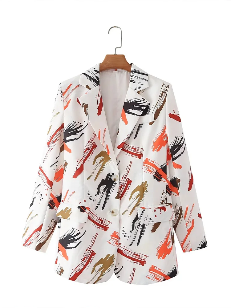 

ZAA Fall 2022 New Ladies Fashion Retro Casual Lapel Single Breasted Flip Pocket Chic Straight Tube Printed Office Suit Jacket