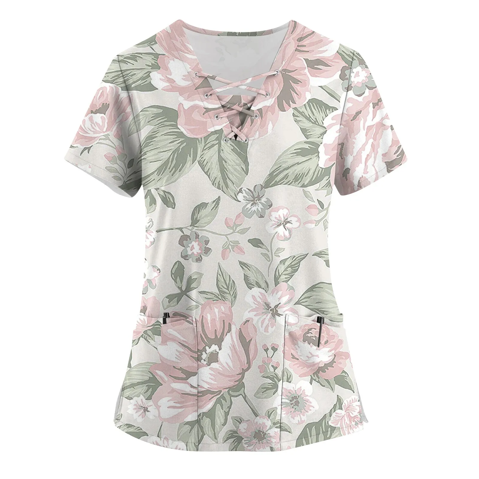 

Women'S Flower Printed Short Sleeve V Neck Top Work Uniform Pocket Top New Minimalist Fashion Woman Blouse Tops 2023 T-Shirts