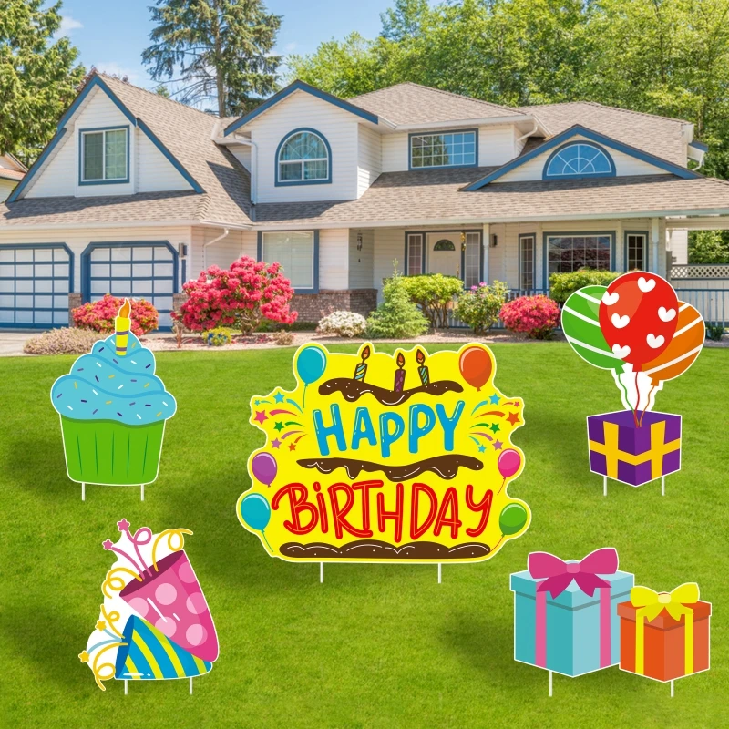 

5Pcs/set Happy Birthday Yard Signs Summer Ice Cream Red Balloon Confetti Gift Box Vertical Card Party Decor Photo Background