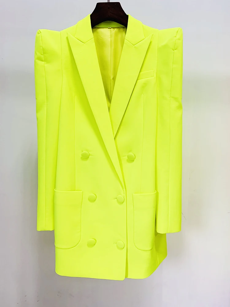 HIGH QUALITY Newest Fashion 2023 Designer Jacket Women Peak Strong Shoulder Double Breasted Long Blazer Fluorescein