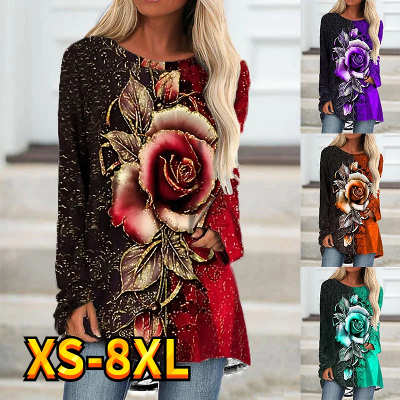 

Women's T Shirt Tee Tops Flower Rose Painting Floral Print Weekend Long Sleeve Flower Round Neck Holiday Basic Essential XS-8XL