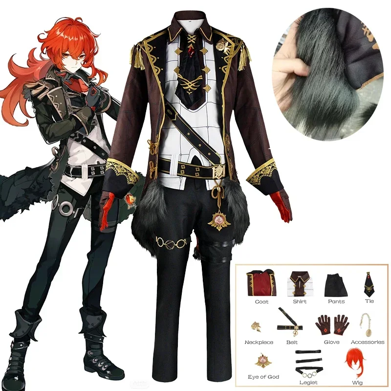 

Game Genshin Impact Diluc Ragnvindr Cosplay Costume Uniform Shirt Pants Jackets Full Set Halloween Costume for Men