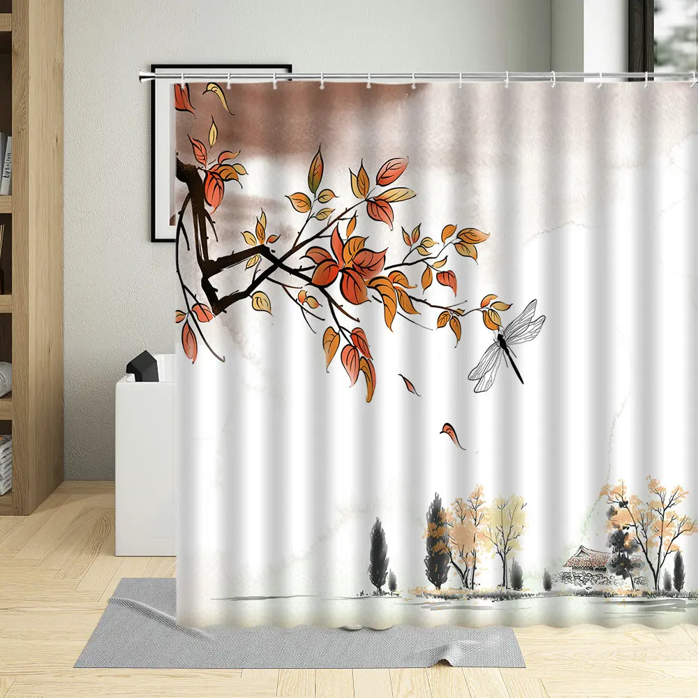 

Autumn scenery shower curtain branches maple leaves home decoration bathroom screen hanging curtain set free hook