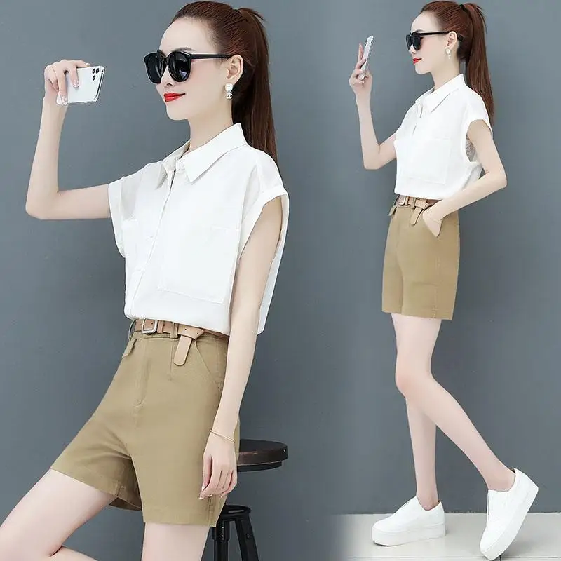 

2022 Women's Summer Fashion Suits Female New Short Sleeve Solid Blouses + Loose Wide-leg Shorts Ladies Two-piece Sets W141