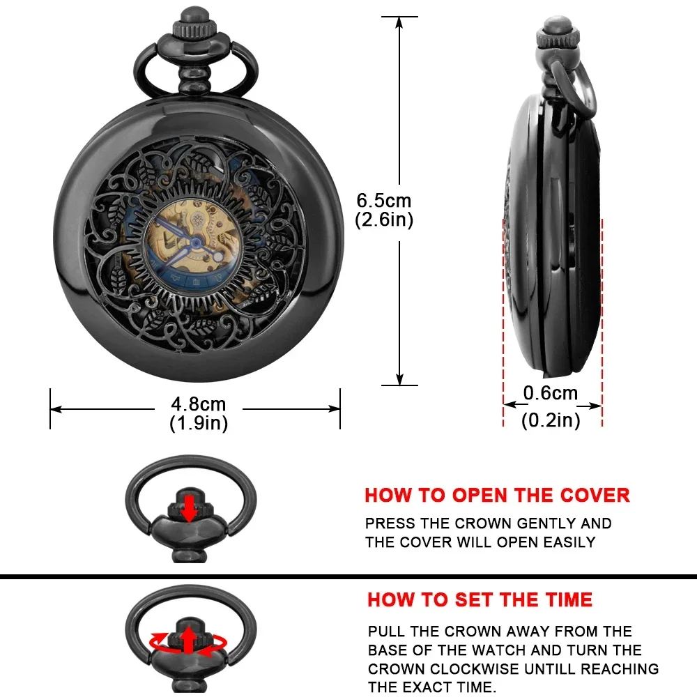 Черные ретро механические карманные часы для мужчин и женщин FOB ручной ветер