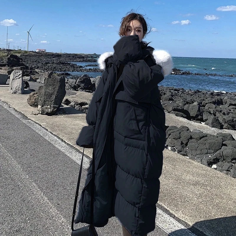 Winter New Long Down Cotton Coats Women Hooded Loose Solid Thick Warm Padded Jacket Female Clothing Fashion Blue Parkas Top Lady